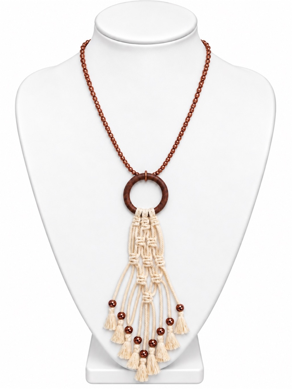 Plunder Copper & Cream Macrame Tassel Pendant Adjustable Long Statement Necklace